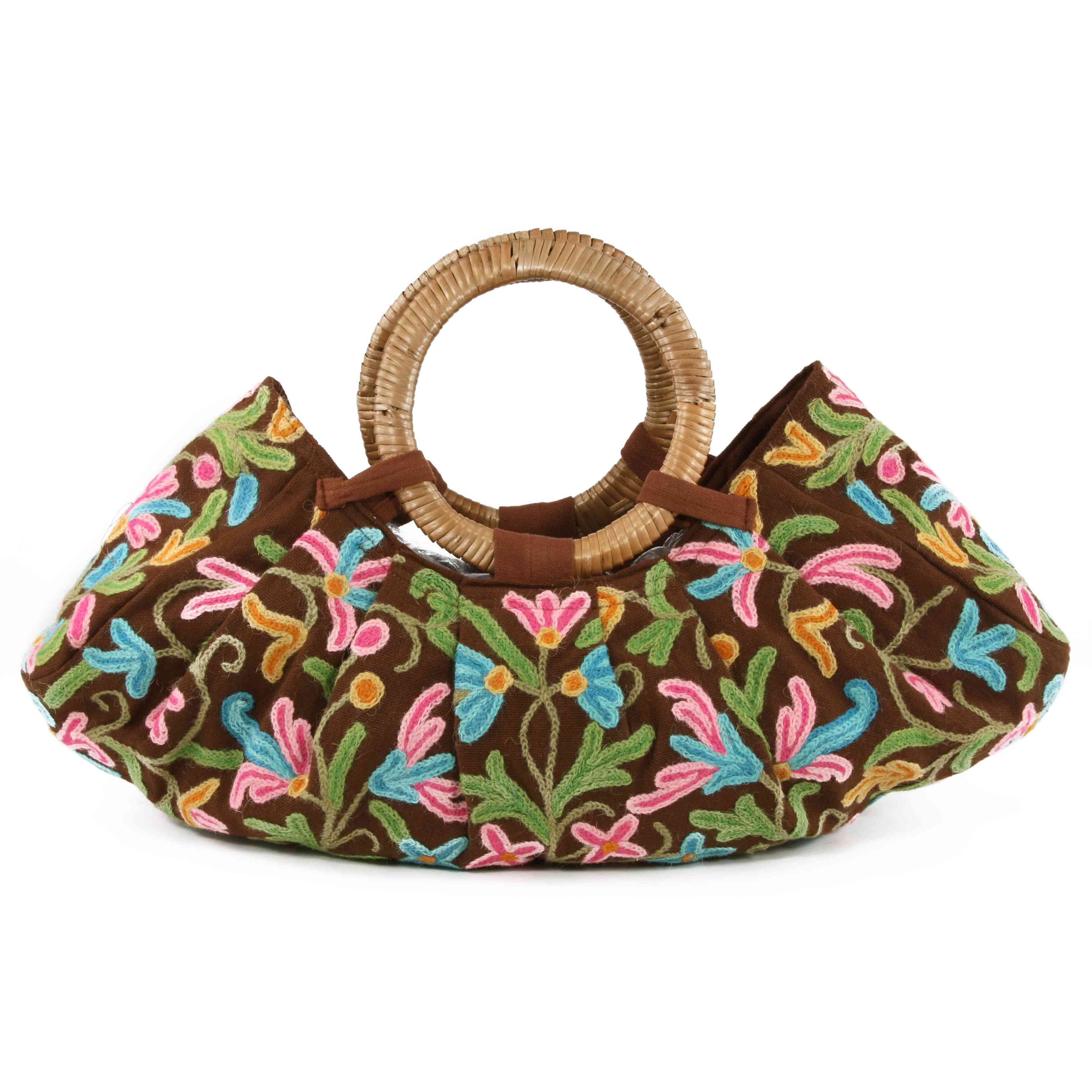 Kashmir Wool Crewel Work Bag Large w Wood Handle