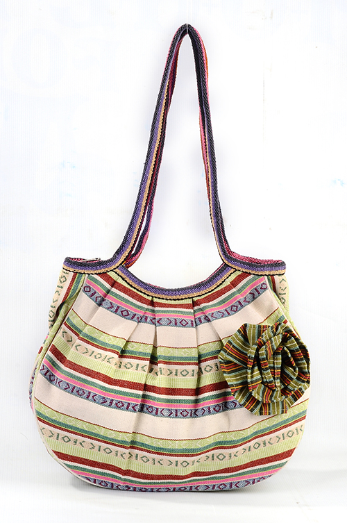 Heavy Cotton Stripe Pattern Hobo Handbag with Flower