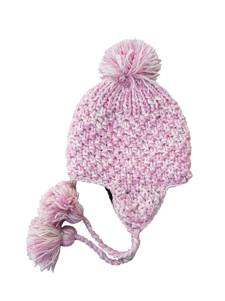 Light pink 4 ply wool knit cap with ear flaps