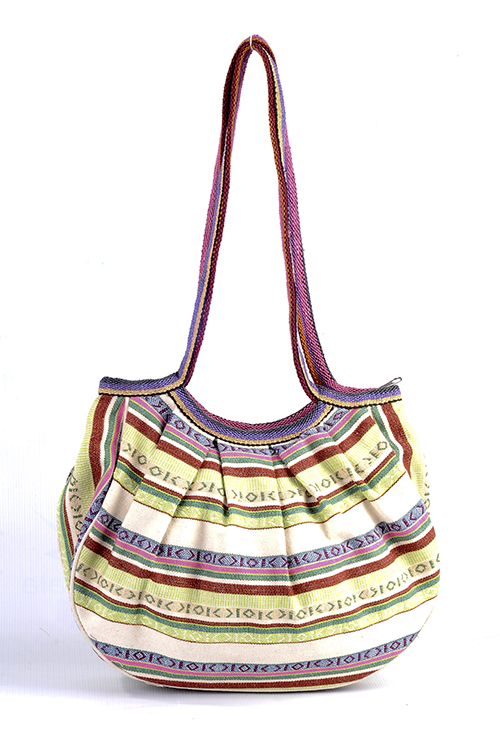 Heavy Cotton Stripe Pattern Hobo Handbag with Flower